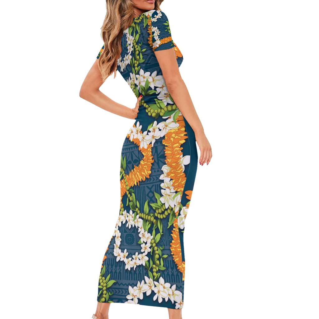 Aloha Festive Hawaii Family Matching Short Sleeve Bodycon Dress and Hawaiian Shirt Mokihana - Maile and Ilima on Navy Blue LT7 - Polynesian Pride