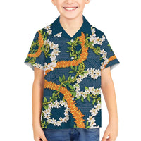 Aloha Festive Hawaii Family Matching Short Sleeve Bodycon Dress and Hawaiian Shirt Mokihana - Maile and Ilima on Navy Blue LT7 Son's Shirt Navy Blue - Polynesian Pride