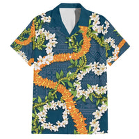 Aloha Festive Hawaii Family Matching Summer Maxi Dress and Hawaiian Shirt Mokihana - Maile and Ilima on Navy Blue LT7 Dad's Shirt - Short Sleeve Navy Blue - Polynesian Pride