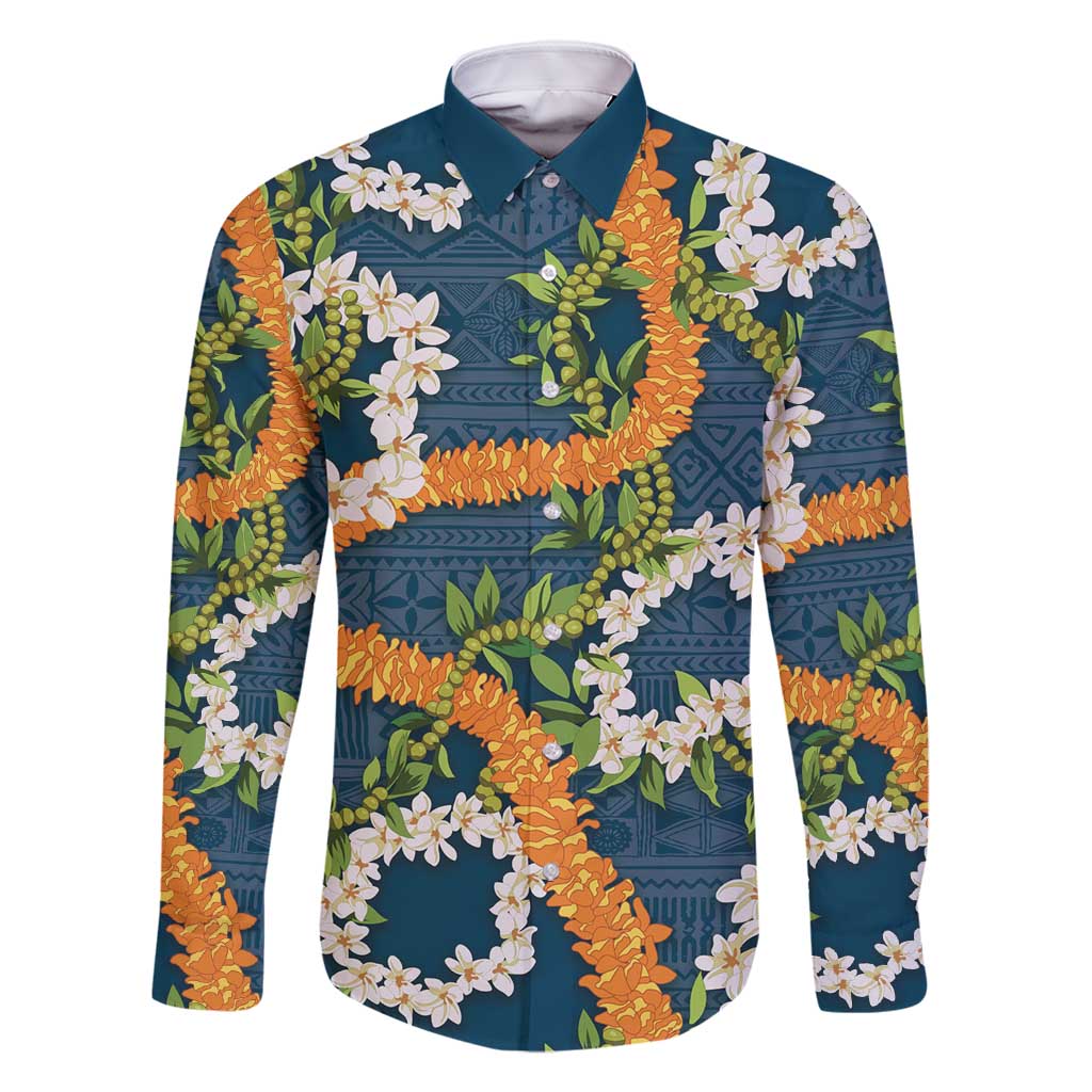 Aloha Festive Hawaii Family Matching Summer Maxi Dress and Hawaiian Shirt Mokihana - Maile and Ilima on Navy Blue LT7 Dad's Shirt - Long Sleeve Navy Blue - Polynesian Pride