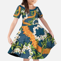 Aloha Festive Hawaii Family Matching Tank Maxi Dress and Hawaiian Shirt Mokihana - Maile and Ilima on Navy Blue LT7 Daughter's Dress Navy Blue - Polynesian Pride