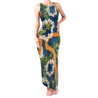 Aloha Festive Hawaii Family Matching Tank Maxi Dress and Hawaiian Shirt Mokihana - Maile and Ilima on Navy Blue LT7 Mom's Dress Navy Blue - Polynesian Pride