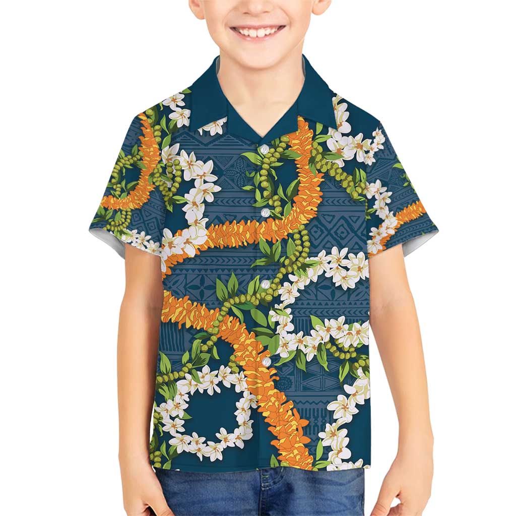 Aloha Festive Hawaii Family Matching Tank Maxi Dress and Hawaiian Shirt Mokihana - Maile and Ilima on Navy Blue LT7 Son's Shirt Navy Blue - Polynesian Pride