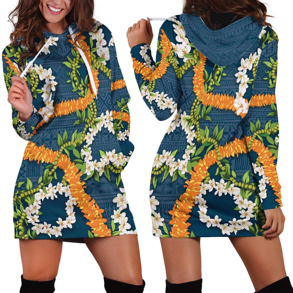 Aloha Festive Hawaii Hoodie Dress Mokihana - Maile and Ilima on Navy Blue LT7 - Polynesian Pride