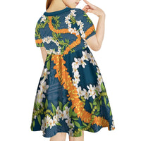 Aloha Festive Hawaii Kid Short Sleeve Dress Mokihana - Maile and Ilima on Navy Blue - Polynesian Pride