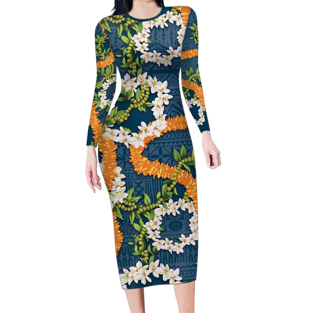 Aloha Festive Hawaii Long Sleeve Bodycon Dress Mokihana - Maile and Ilima on Navy Blue LT7 Long Dress Navy Blue - Polynesian Pride