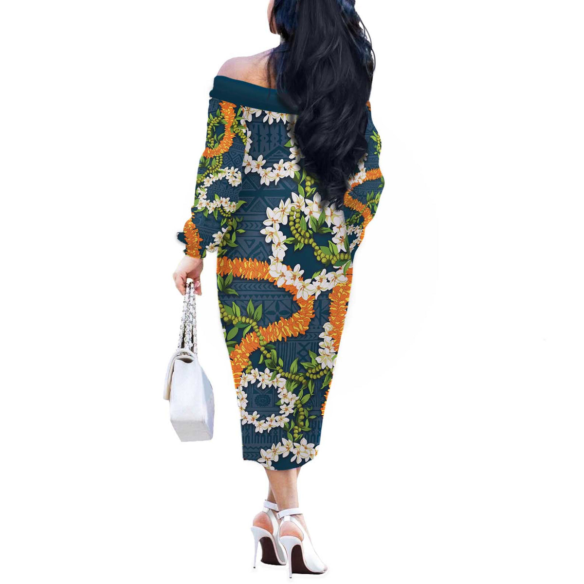 Aloha Festive Hawaii Off The Shoulder Long Sleeve Dress Mokihana - Maile and Ilima on Navy Blue LT7 - Polynesian Pride