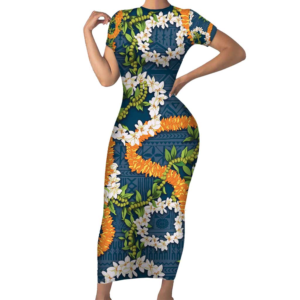 Aloha Festive Hawaii Short Sleeve Bodycon Dress Mokihana - Maile and Ilima on Navy Blue LT7 Long Dress Navy Blue - Polynesian Pride