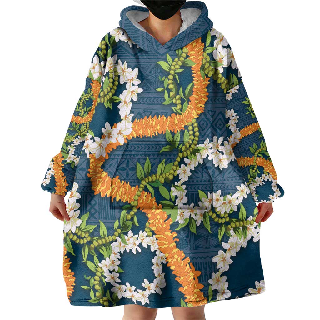 Aloha Festive Hawaii Wearable Blanket Hoodie Mokihana - Maile and Ilima on Navy Blue LT7 - Polynesian Pride