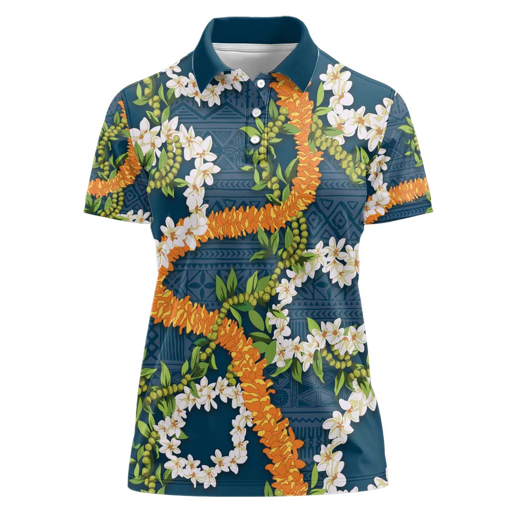 Aloha Festive Hawaii Women Polo Shirt Mokihana - Maile and Ilima on Navy Blue - Polynesian Pride