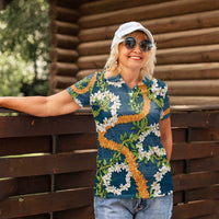 Aloha Festive Hawaii Women Polo Shirt Mokihana - Maile and Ilima on Navy Blue - Polynesian Pride