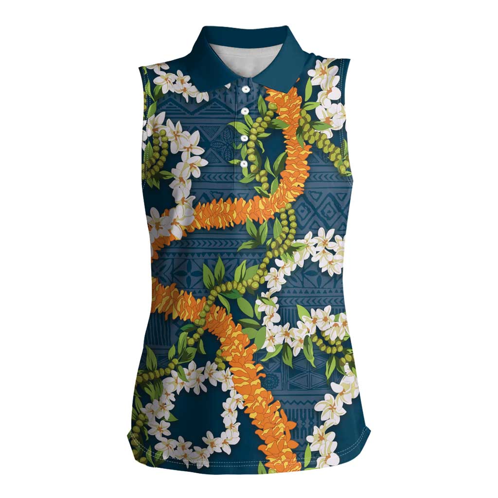 Aloha Festive Hawaii Women Sleeveless Polo Shirt Mokihana - Maile and Ilima on Navy Blue LT7 Female Navy Blue - Polynesian Pride