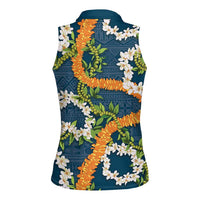 Aloha Festive Hawaii Women Sleeveless Polo Shirt Mokihana - Maile and Ilima on Navy Blue LT7 - Polynesian Pride
