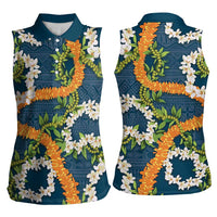 Aloha Festive Hawaii Women Sleeveless Polo Shirt Mokihana - Maile and Ilima on Navy Blue LT7 - Polynesian Pride