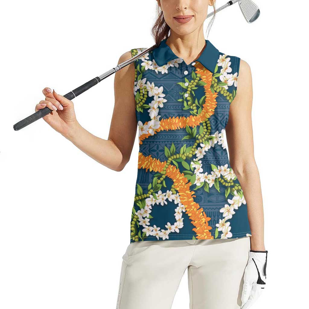 Aloha Festive Hawaii Women Sleeveless Polo Shirt Mokihana - Maile and Ilima on Navy Blue LT7 - Polynesian Pride