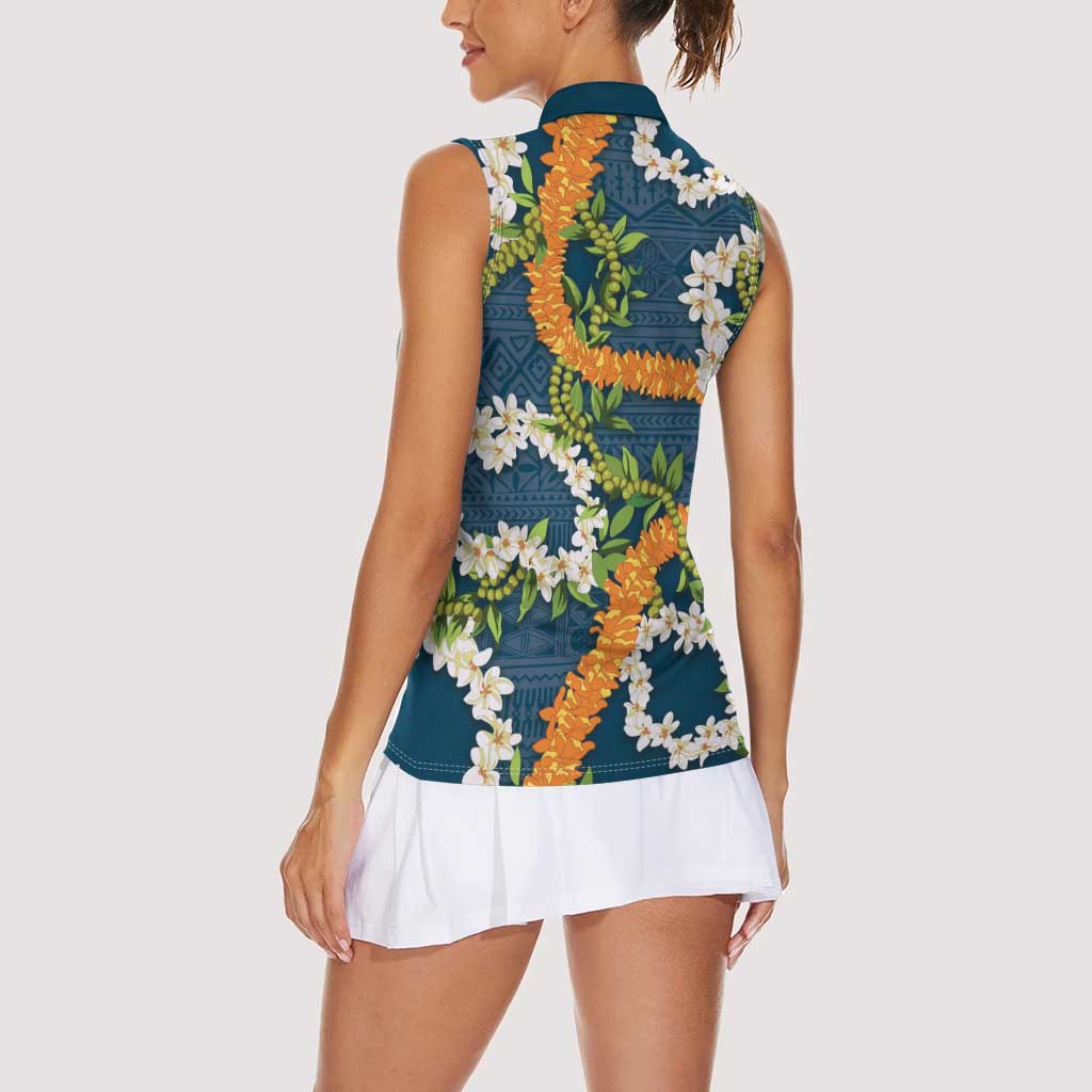 Aloha Festive Hawaii Women Sleeveless Polo Shirt Mokihana - Maile and Ilima on Navy Blue LT7 - Polynesian Pride