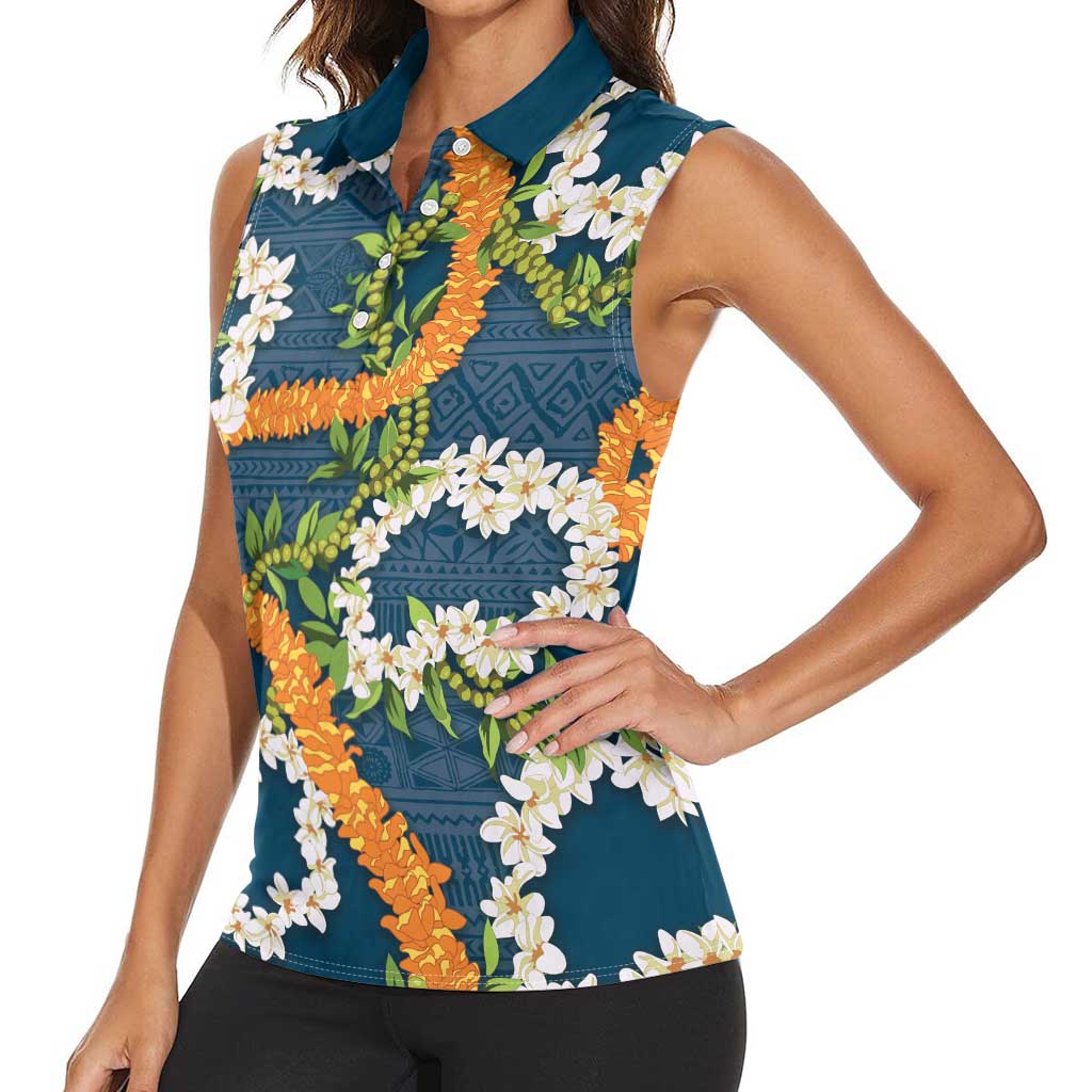 Aloha Festive Hawaii Women Sleeveless Polo Shirt Mokihana - Maile and Ilima on Navy Blue LT7 - Polynesian Pride