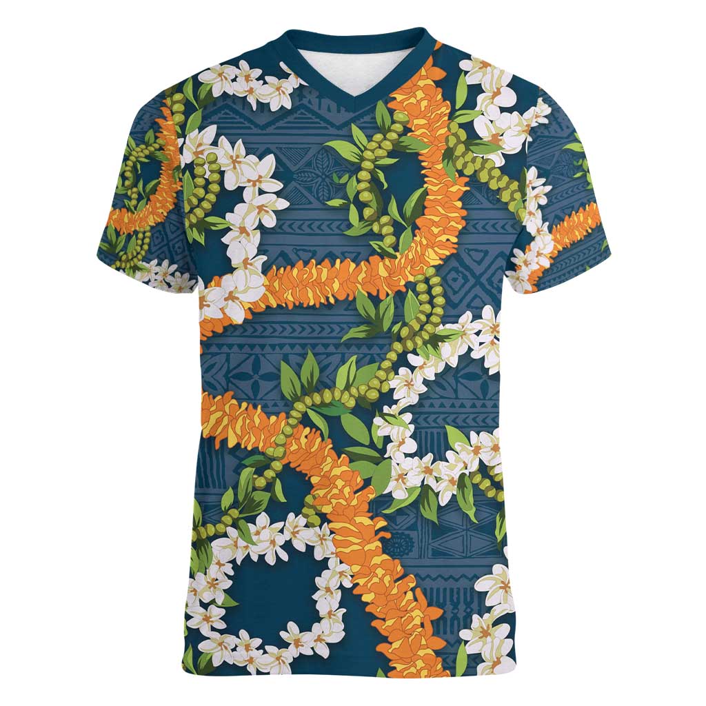 Aloha Festive Hawaii Women V-Neck T-Shirt Mokihana - Maile and Ilima on Navy Blue LT7 Female Navy Blue - Polynesian Pride
