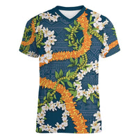 Aloha Festive Hawaii Women V-Neck T-Shirt Mokihana - Maile and Ilima on Navy Blue LT7 Female Navy Blue - Polynesian Pride