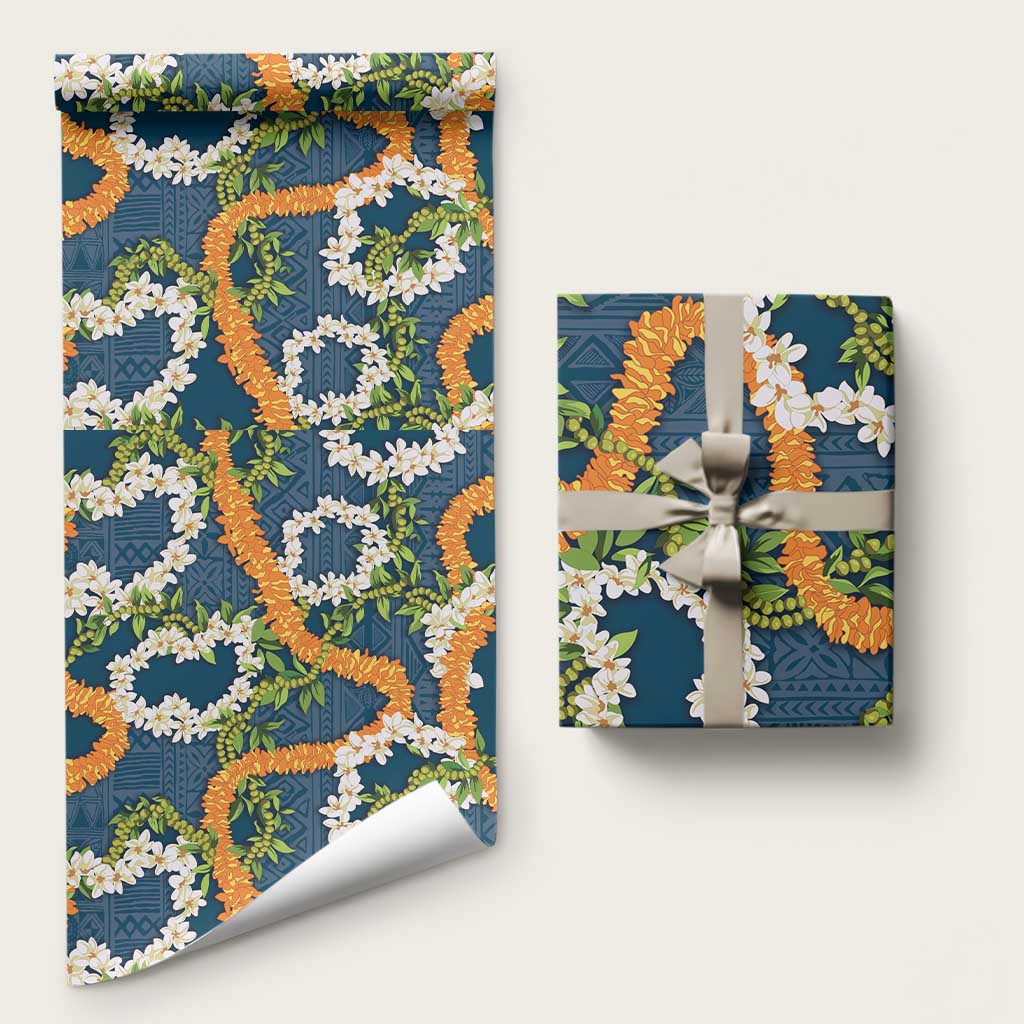 Aloha Festive Hawaii Wrapping Paper Mokihana - Maile and Ilima on Navy Blue