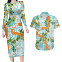 Aloha Festive Hawaii Couples Matching Long Sleeve Bodycon Dress and Hawaiian Shirt Mokihana - Maile and Ilima on Turquoise LT7 Turquoise - Polynesian Pride