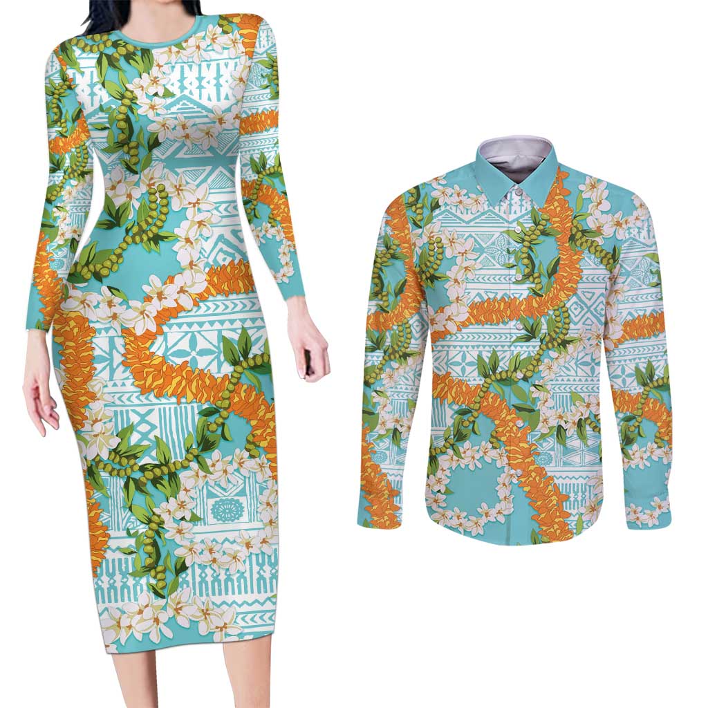 Aloha Festive Hawaii Couples Matching Long Sleeve Bodycon Dress and Long Sleeve Button Shirt Mokihana - Maile and Ilima on Turquoise LT7 Turquoise - Polynesian Pride