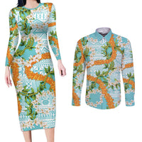 Aloha Festive Hawaii Couples Matching Long Sleeve Bodycon Dress and Long Sleeve Button Shirt Mokihana - Maile and Ilima on Turquoise LT7 Turquoise - Polynesian Pride