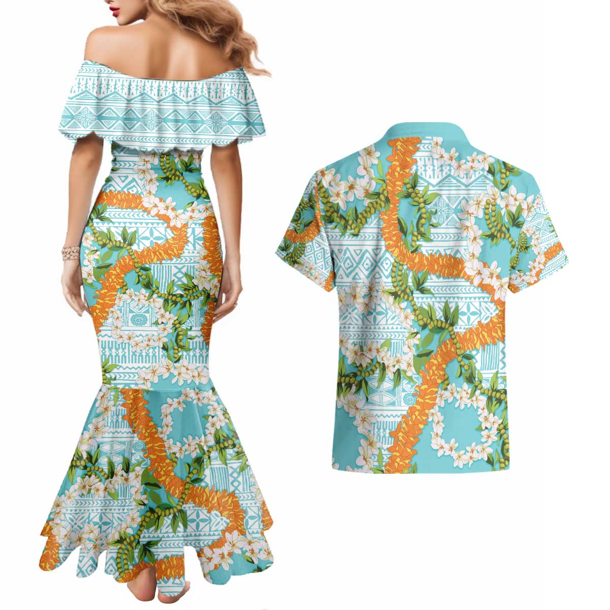 Aloha Festive Hawaii Couples Matching Mermaid Dress and Hawaiian Shirt Mokihana - Maile and Ilima on Turquoise LT7 - Polynesian Pride