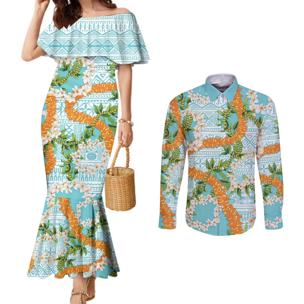Aloha Festive Hawaii Couples Matching Mermaid Dress and Long Sleeve Button Shirt Mokihana - Maile and Ilima on Turquoise LT7 Turquoise - Polynesian Pride