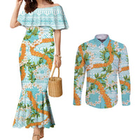 Aloha Festive Hawaii Couples Matching Mermaid Dress and Long Sleeve Button Shirt Mokihana - Maile and Ilima on Turquoise LT7 Turquoise - Polynesian Pride