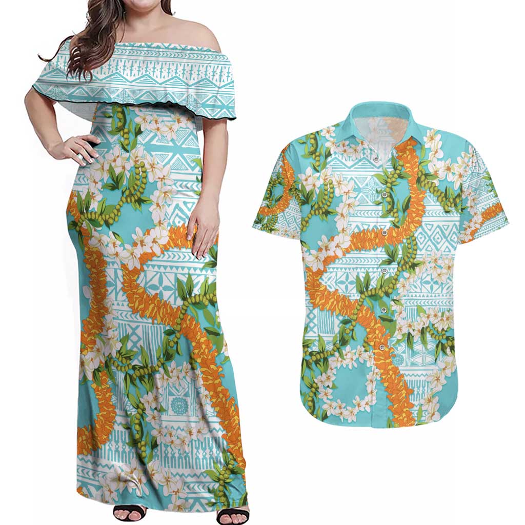 Aloha Festive Hawaii Couples Matching Off Shoulder Maxi Dress and Hawaiian Shirt Mokihana - Maile and Ilima on Turquoise LT7 Turquoise - Polynesian Pride