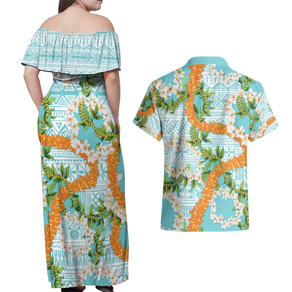 Aloha Festive Hawaii Couples Matching Off Shoulder Maxi Dress and Hawaiian Shirt Mokihana - Maile and Ilima on Turquoise LT7 - Polynesian Pride