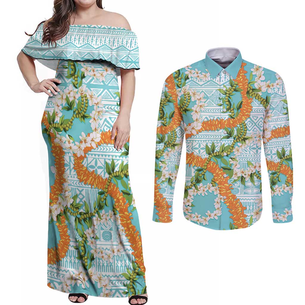 Aloha Festive Hawaii Couples Matching Off Shoulder Maxi Dress and Long Sleeve Button Shirt Mokihana - Maile and Ilima on Turquoise LT7 Turquoise - Polynesian Pride