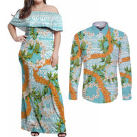 Aloha Festive Hawaii Couples Matching Off Shoulder Maxi Dress and Long Sleeve Button Shirt Mokihana - Maile and Ilima on Turquoise LT7 Turquoise - Polynesian Pride