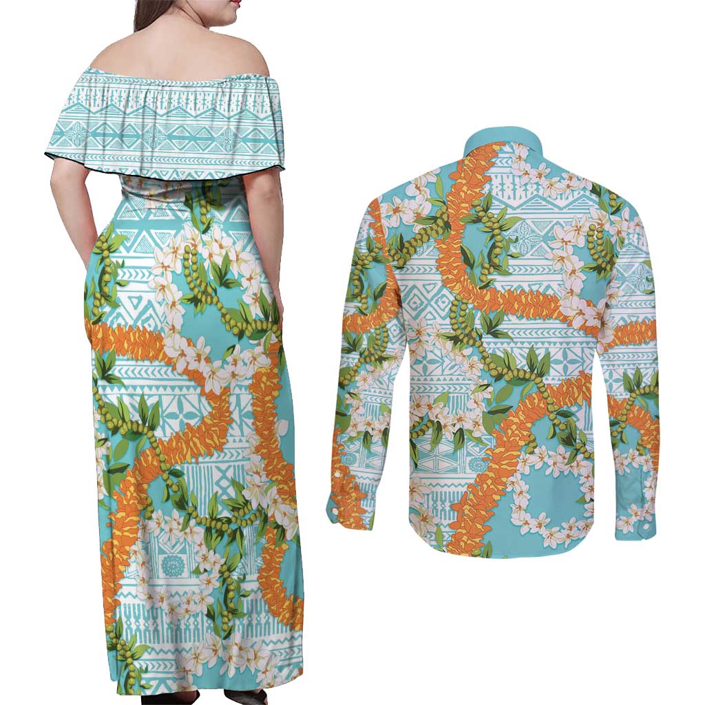 Aloha Festive Hawaii Couples Matching Off Shoulder Maxi Dress and Long Sleeve Button Shirt Mokihana - Maile and Ilima on Turquoise LT7 - Polynesian Pride