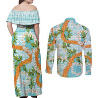 Aloha Festive Hawaii Couples Matching Off Shoulder Maxi Dress and Long Sleeve Button Shirt Mokihana - Maile and Ilima on Turquoise LT7 - Polynesian Pride