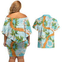 Aloha Festive Hawaii Couples Matching Off Shoulder Short Dress and Hawaiian Shirt Mokihana - Maile and Ilima on Turquoise LT7 - Polynesian Pride