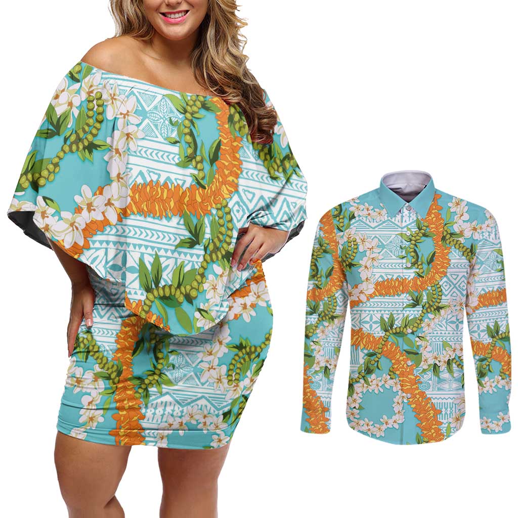 Aloha Festive Hawaii Couples Matching Off Shoulder Short Dress and Long Sleeve Button Shirt Mokihana - Maile and Ilima on Turquoise LT7 Turquoise - Polynesian Pride