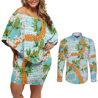Aloha Festive Hawaii Couples Matching Off Shoulder Short Dress and Long Sleeve Button Shirt Mokihana - Maile and Ilima on Turquoise LT7 Turquoise - Polynesian Pride