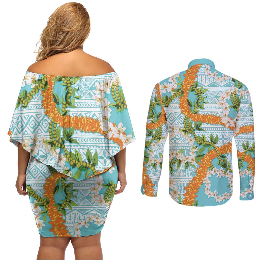 Aloha Festive Hawaii Couples Matching Off Shoulder Short Dress and Long Sleeve Button Shirt Mokihana - Maile and Ilima on Turquoise LT7 - Polynesian Pride