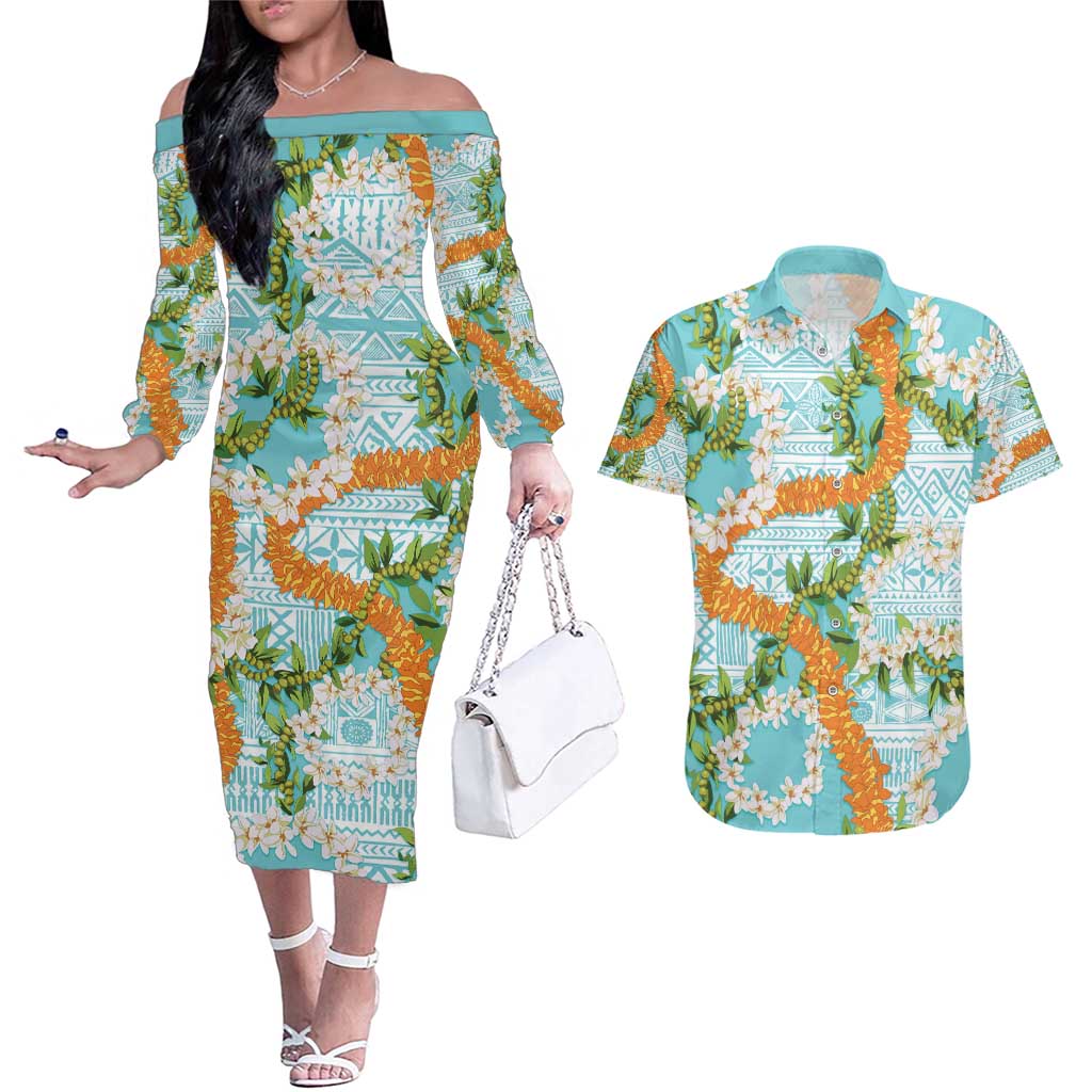 Aloha Festive Hawaii Couples Matching Off The Shoulder Long Sleeve Dress and Hawaiian Shirt Mokihana - Maile and Ilima on Turquoise LT7 Turquoise - Polynesian Pride
