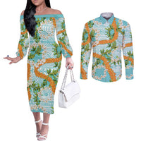 Aloha Festive Hawaii Couples Matching Off The Shoulder Long Sleeve Dress and Long Sleeve Button Shirt Mokihana - Maile and Ilima on Turquoise LT7 Turquoise - Polynesian Pride