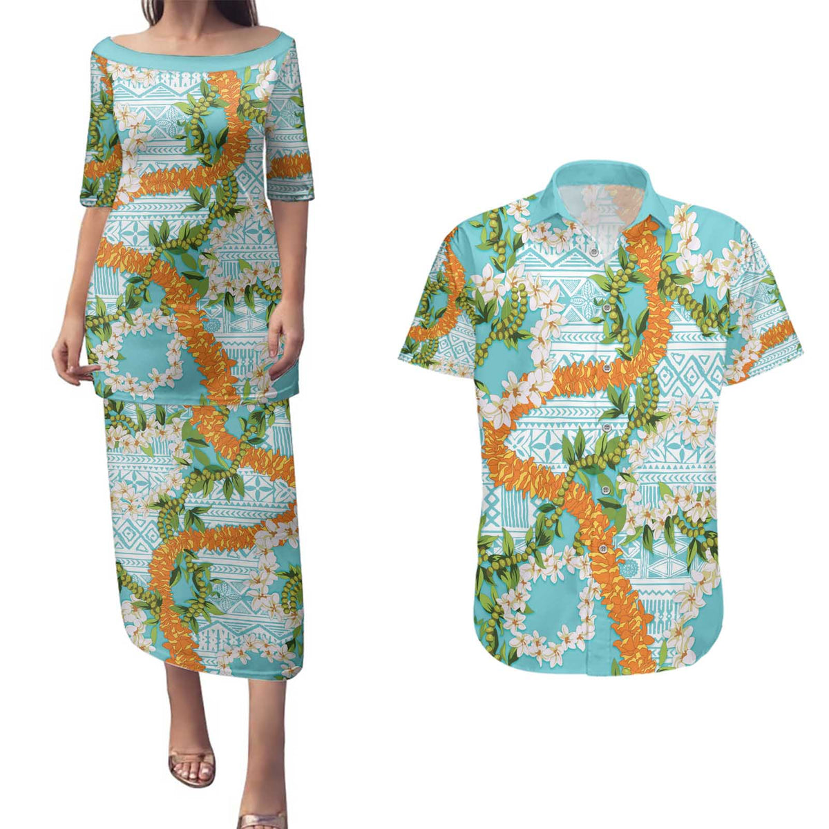 Aloha Festive Hawaii Couples Matching Puletasi and Hawaiian Shirt Mokihana - Maile and Ilima on Turquoise LT7 Turquoise - Polynesian Pride