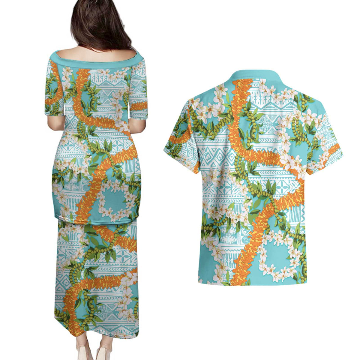 Aloha Festive Hawaii Couples Matching Puletasi and Hawaiian Shirt Mokihana - Maile and Ilima on Turquoise LT7 - Polynesian Pride