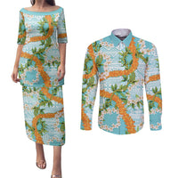 Aloha Festive Hawaii Couples Matching Puletasi and Long Sleeve Button Shirt Mokihana - Maile and Ilima on Turquoise LT7 Turquoise - Polynesian Pride