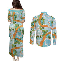 Aloha Festive Hawaii Couples Matching Puletasi and Long Sleeve Button Shirt Mokihana - Maile and Ilima on Turquoise LT7 - Polynesian Pride