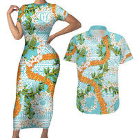Aloha Festive Hawaii Couples Matching Short Sleeve Bodycon Dress and Hawaiian Shirt Mokihana - Maile and Ilima on Turquoise LT7 Turquoise - Polynesian Pride