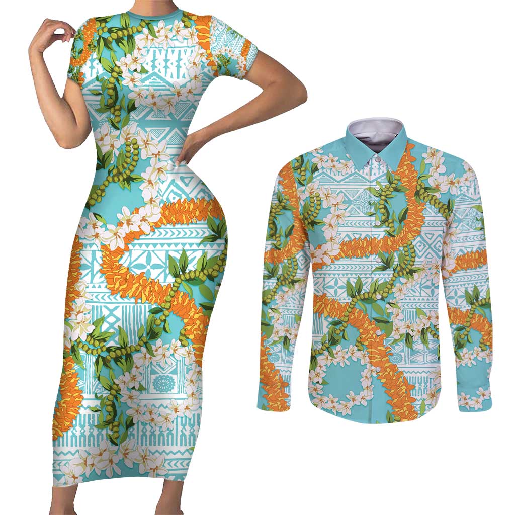 Aloha Festive Hawaii Couples Matching Short Sleeve Bodycon Dress and Long Sleeve Button Shirt Mokihana - Maile and Ilima on Turquoise LT7 Turquoise - Polynesian Pride