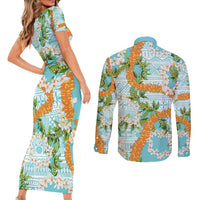 Aloha Festive Hawaii Couples Matching Short Sleeve Bodycon Dress and Long Sleeve Button Shirt Mokihana - Maile and Ilima on Turquoise LT7 - Polynesian Pride