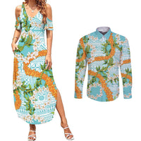 Aloha Festive Hawaii Couples Matching Summer Maxi Dress and Long Sleeve Button Shirt Mokihana - Maile and Ilima on Turquoise LT7 Turquoise - Polynesian Pride
